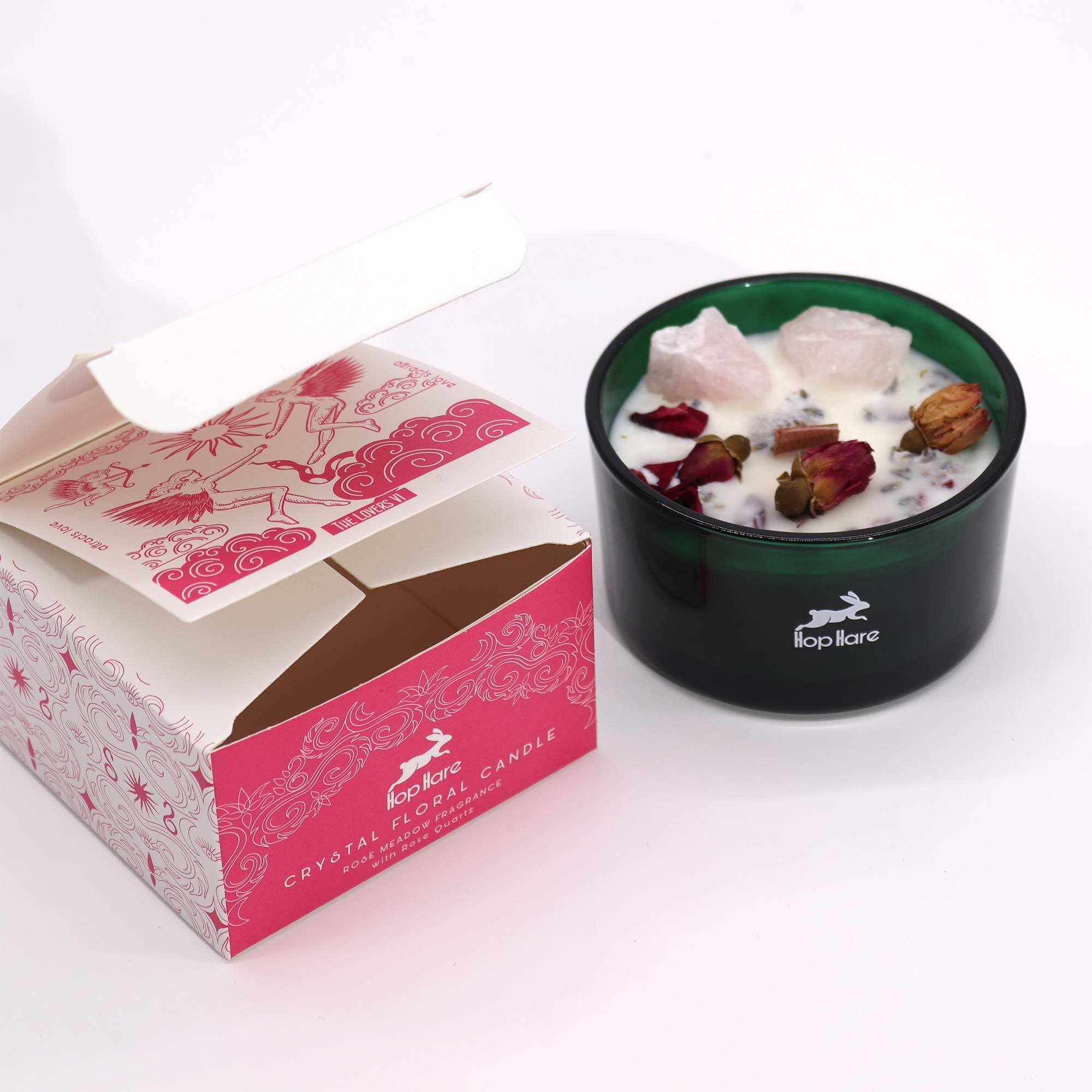 Bougie fleurs et Quartz rose - Les Amoureux